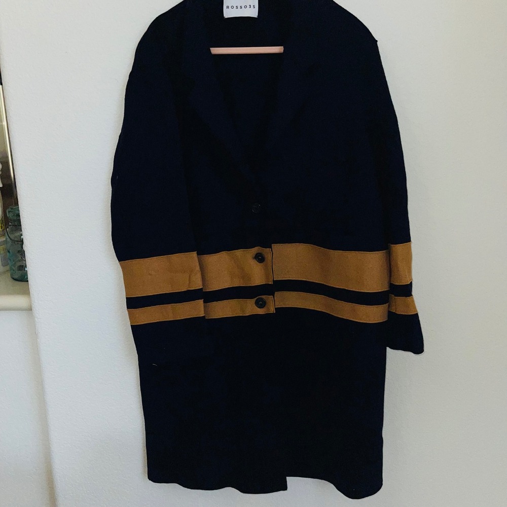 ROSSO35 Made in Italy Navy Camel 100% Virgin Wool Stripe Knit Duster Coat US 16